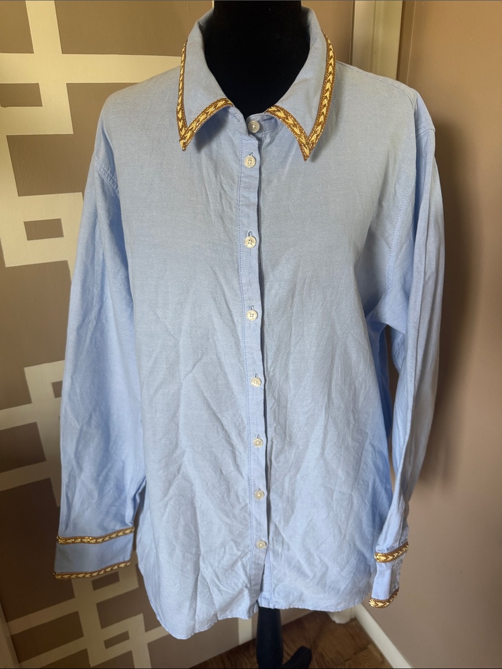 BODEN Lt Blue Oxford Shirt w/Metallic Gold Braided Trim, Sz 20 LIKE NEW